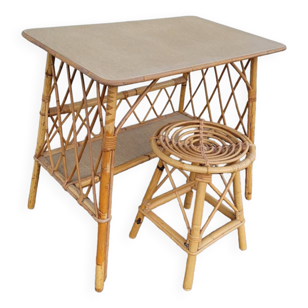 Bureau en rotin avec tabouret vintage- 1950s