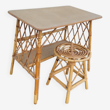 Rattan desk with vintage stool - 1950s
