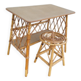 Rattan desk with vintage stool - 1950s