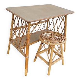 Rattan desk with vintage stool - 1950s