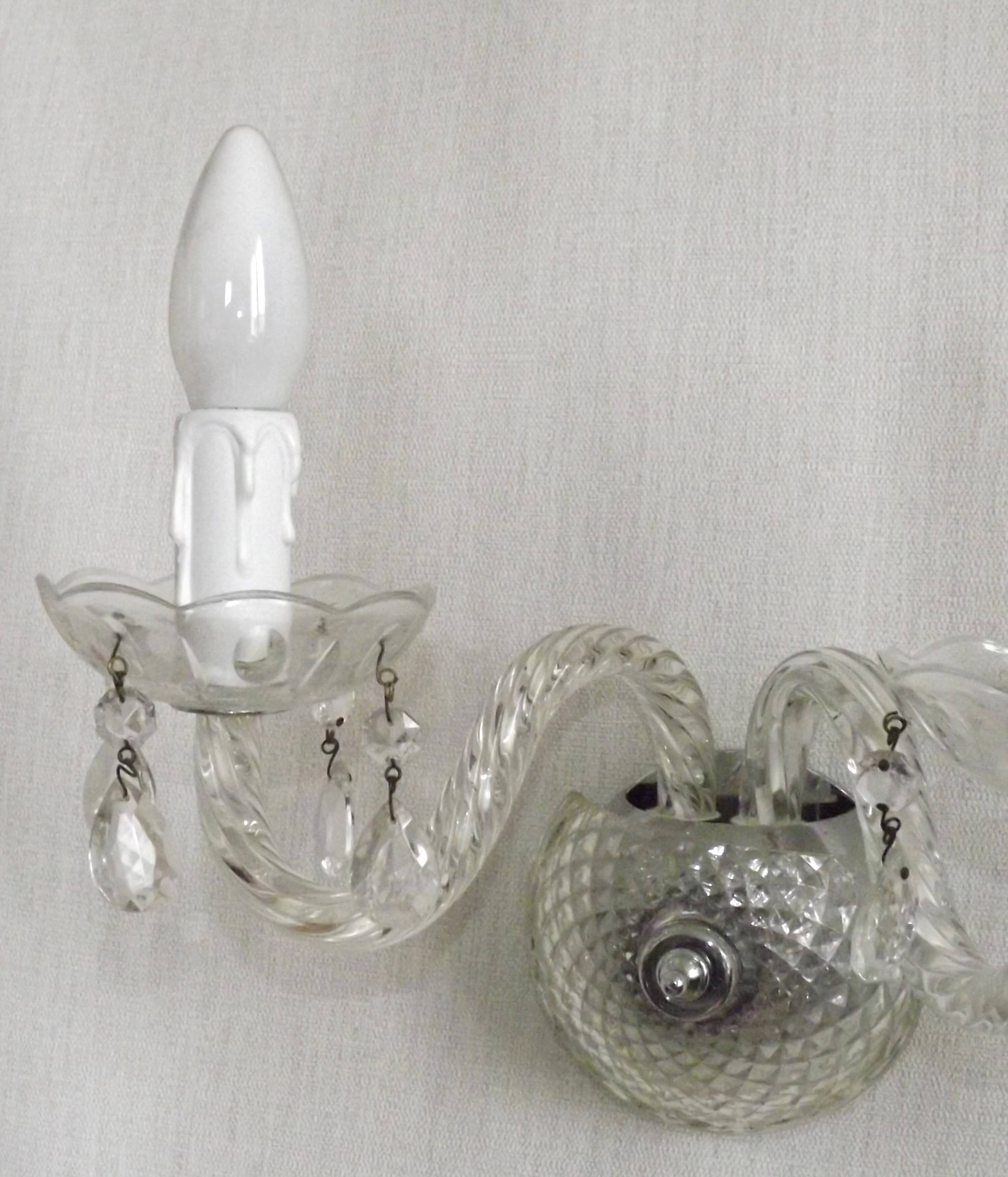 Pair of French vintage double crystal wall lights with barley twist glass arms.