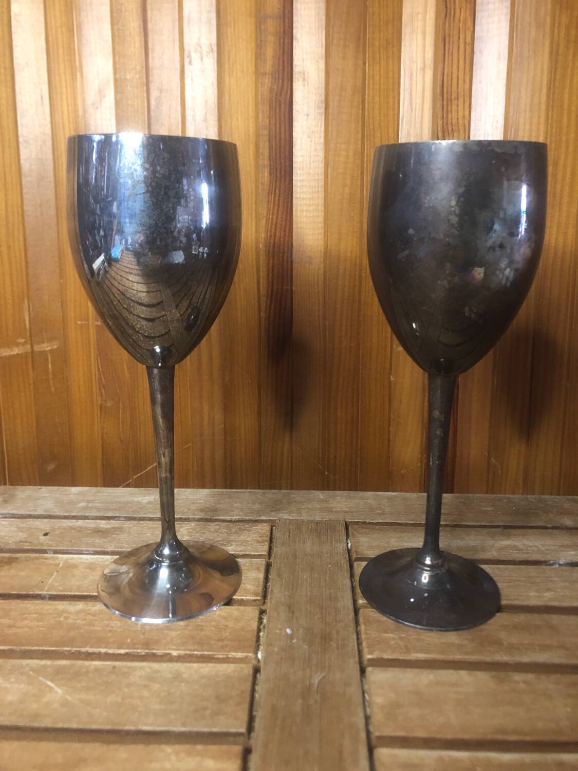 Pair of vintage silver metal wine glasses