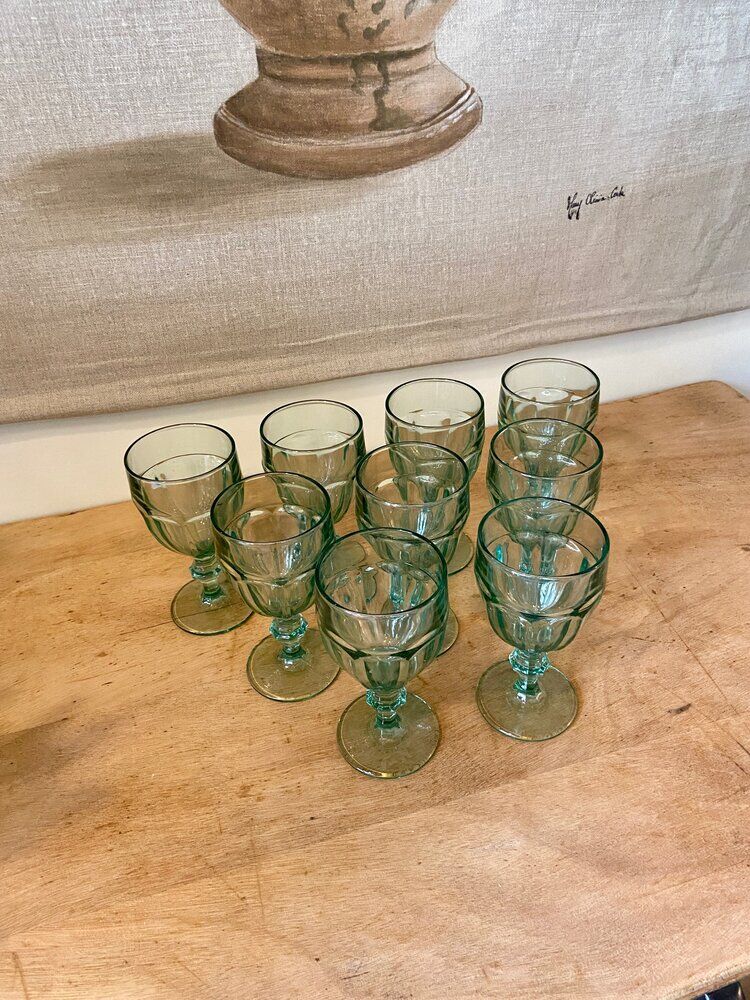 9 green molded glass glasses
