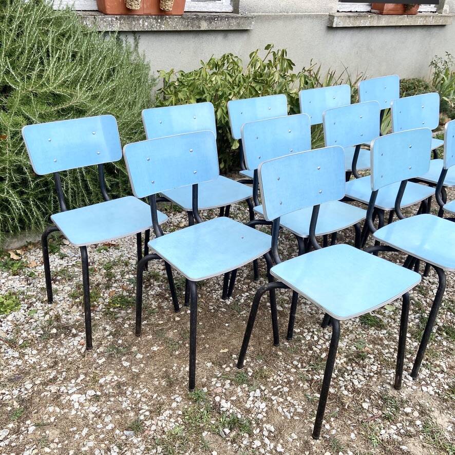 Set of 12 blue formica chairs
