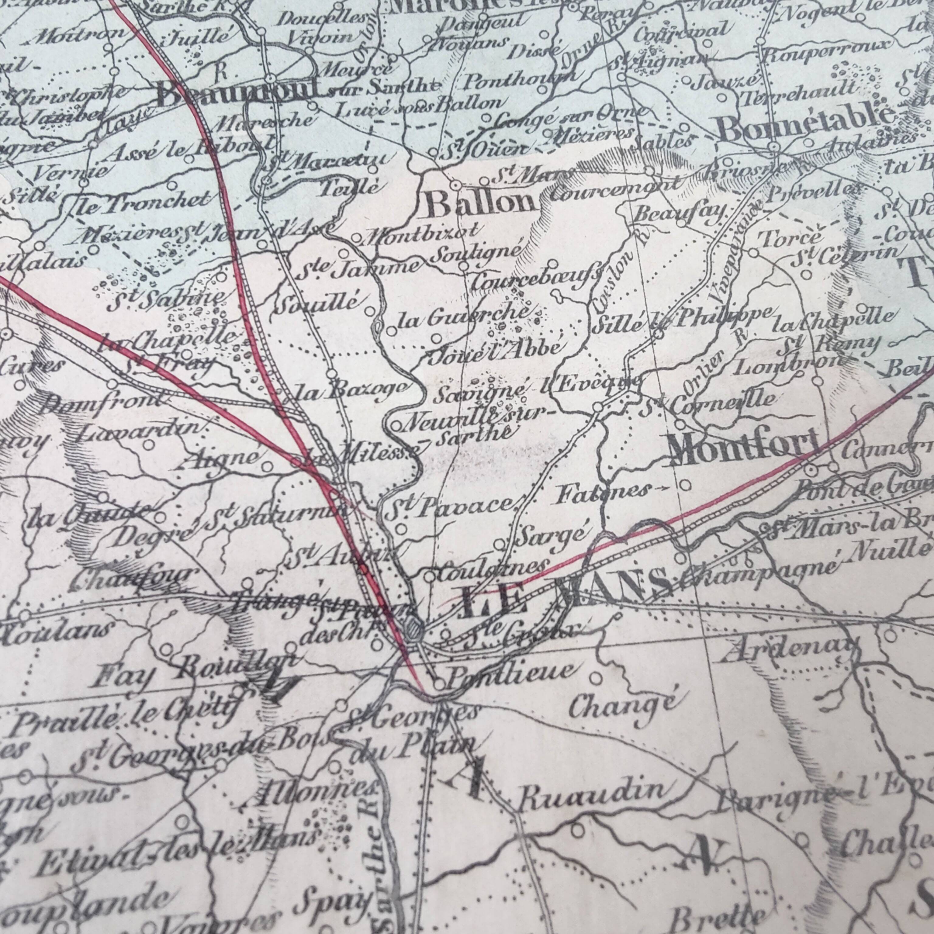 Engraved map of Sarthe wooden frame old plan of Le Mans