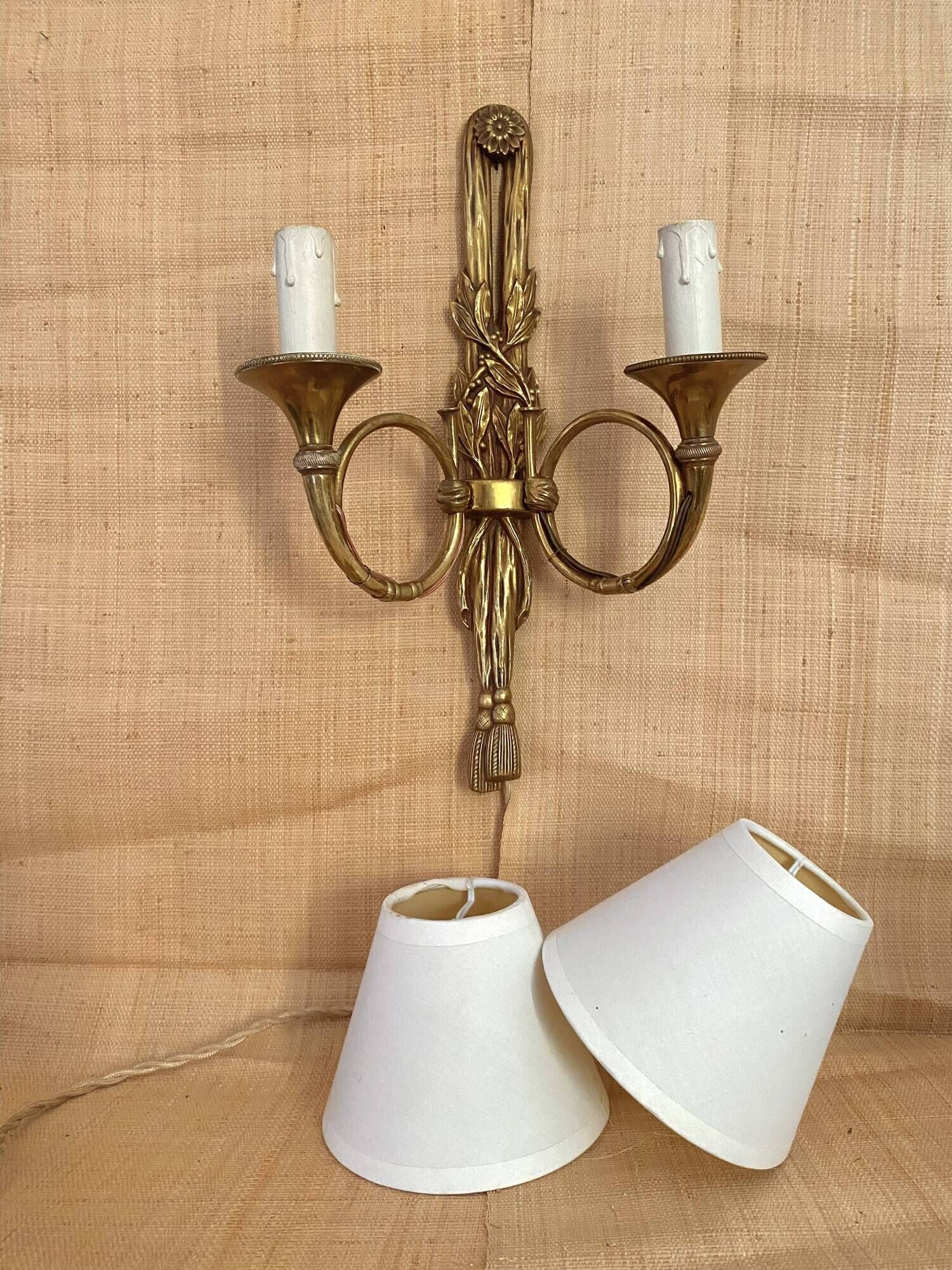 "50s hunting horn wall light, clip-on lampshades"