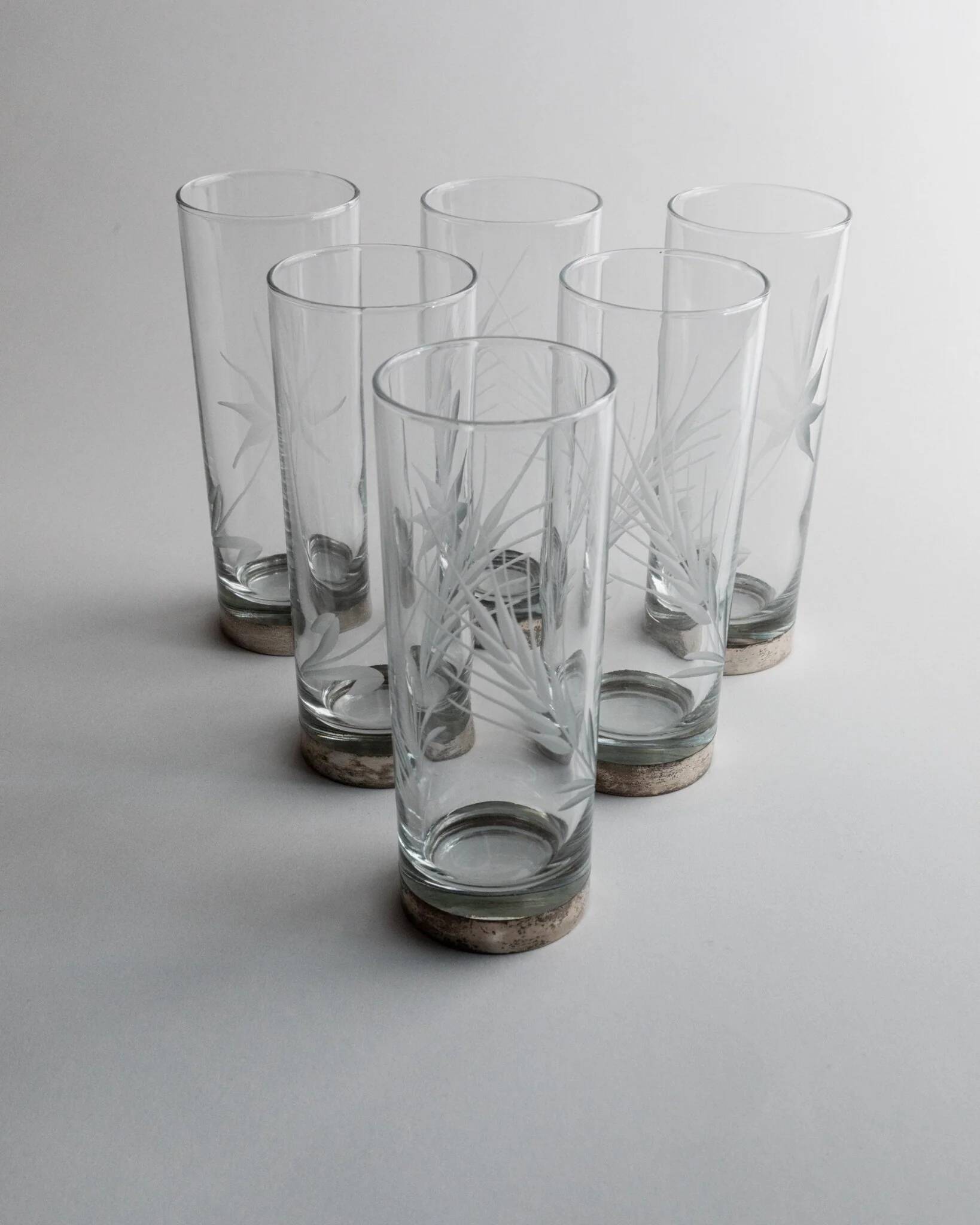 Silver Base Clear Glass Set of 6 - Italian 1960s Etched Wheat and Floral Design