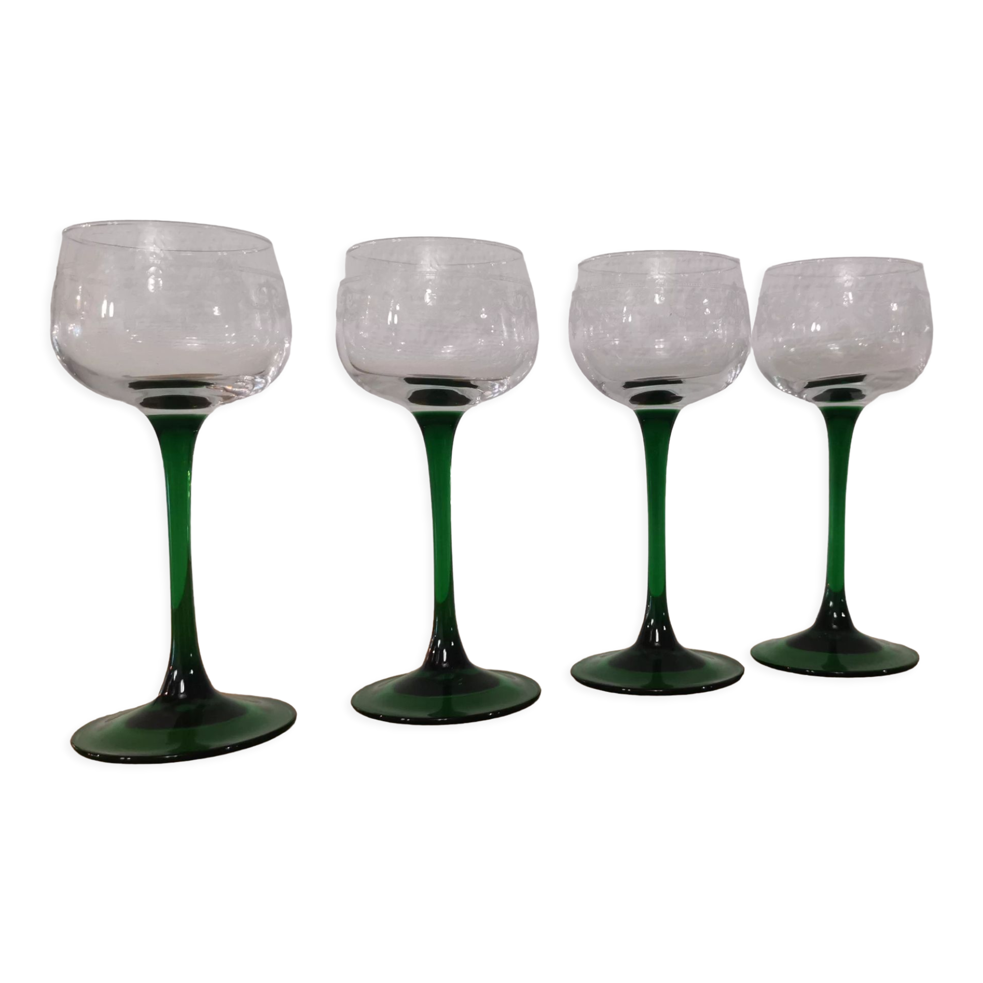 Set of 4 old green-stemmed wine glasses from Alsace Engraved vine decoration ARC cristal