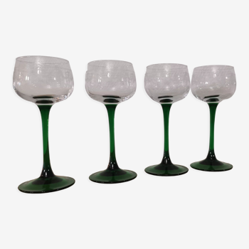 Set of 4 old green-stemmed wine glasses from Alsace Engraved vine decoration ARC cristal