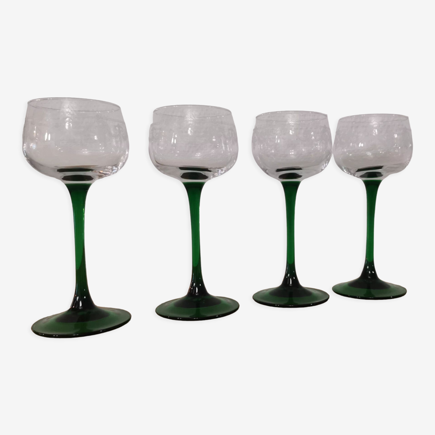 Lot de 4 anciens verres à vin à pied vert d'alsace décor vigne gravé arc  cristal | Selency