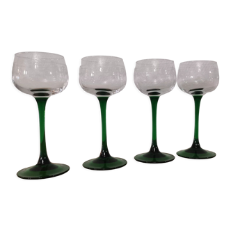 Set of 4 old green-stemmed wine glasses from Alsace Engraved vine decoration ARC cristal