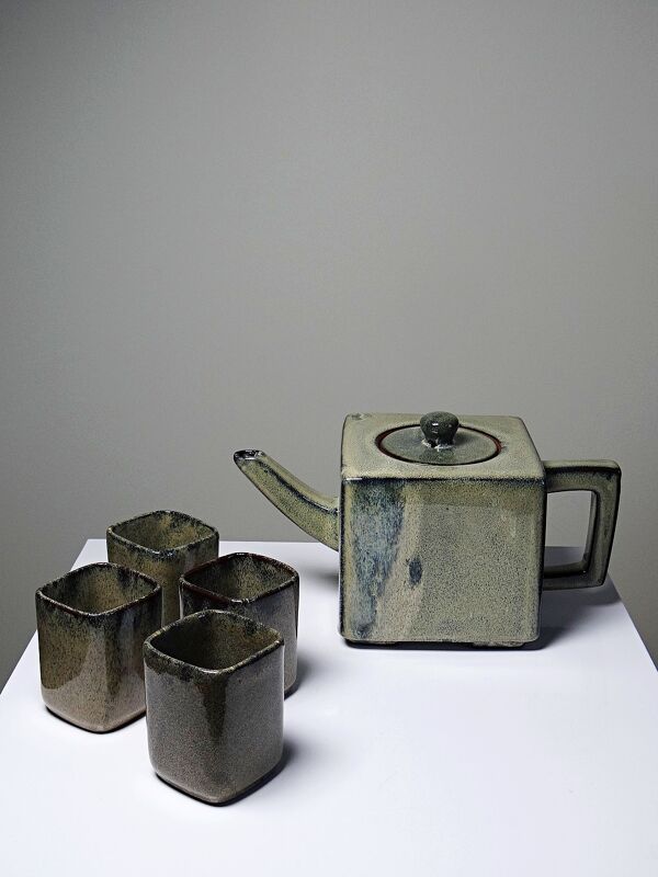 Service à thé chinois en terre cuite émaillée, théière et 4 tasses, années 1980