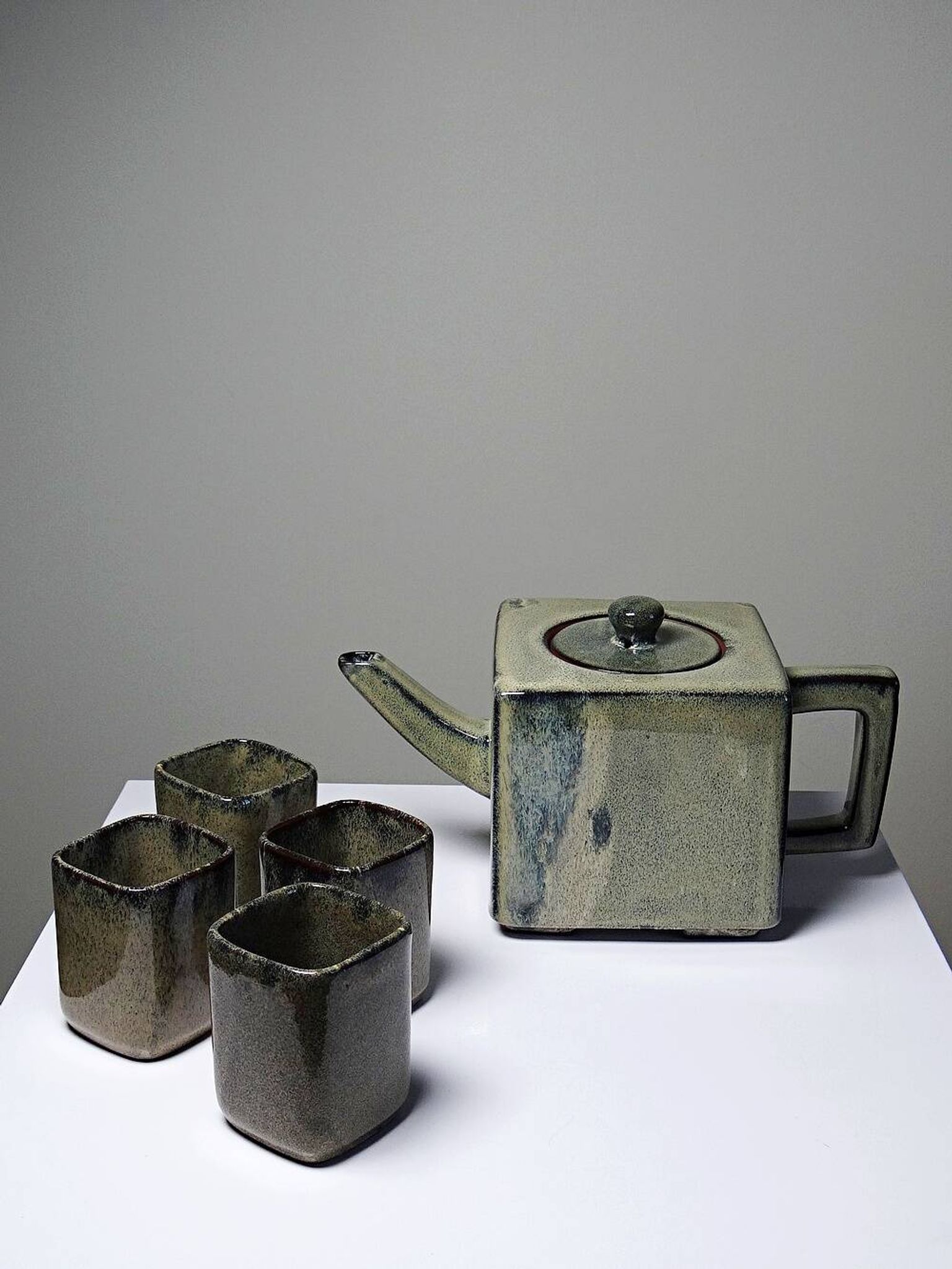 Service à thé chinois en terre cuite émaillée, théière et 4 tasses, années 1980