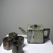 Service à thé chinois en terre cuite émaillée, théière et 4 tasses, années 1980