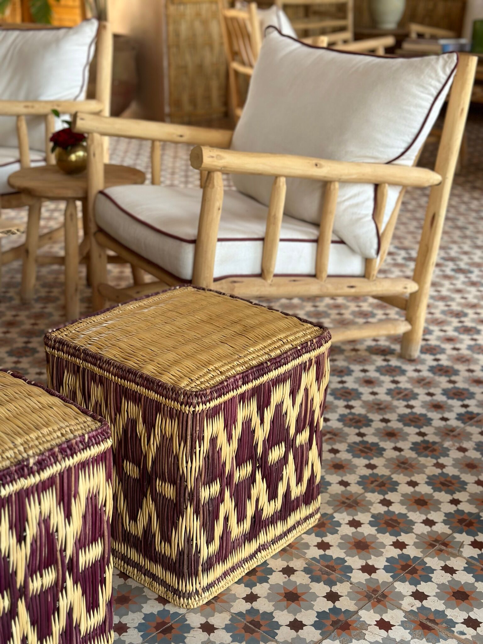 Set of two pouf seat cube rattan wicker graphic ikat red burgundy purple magenta