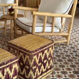 Set of two pouf seat cube rattan wicker graphic ikat red burgundy purple magenta
