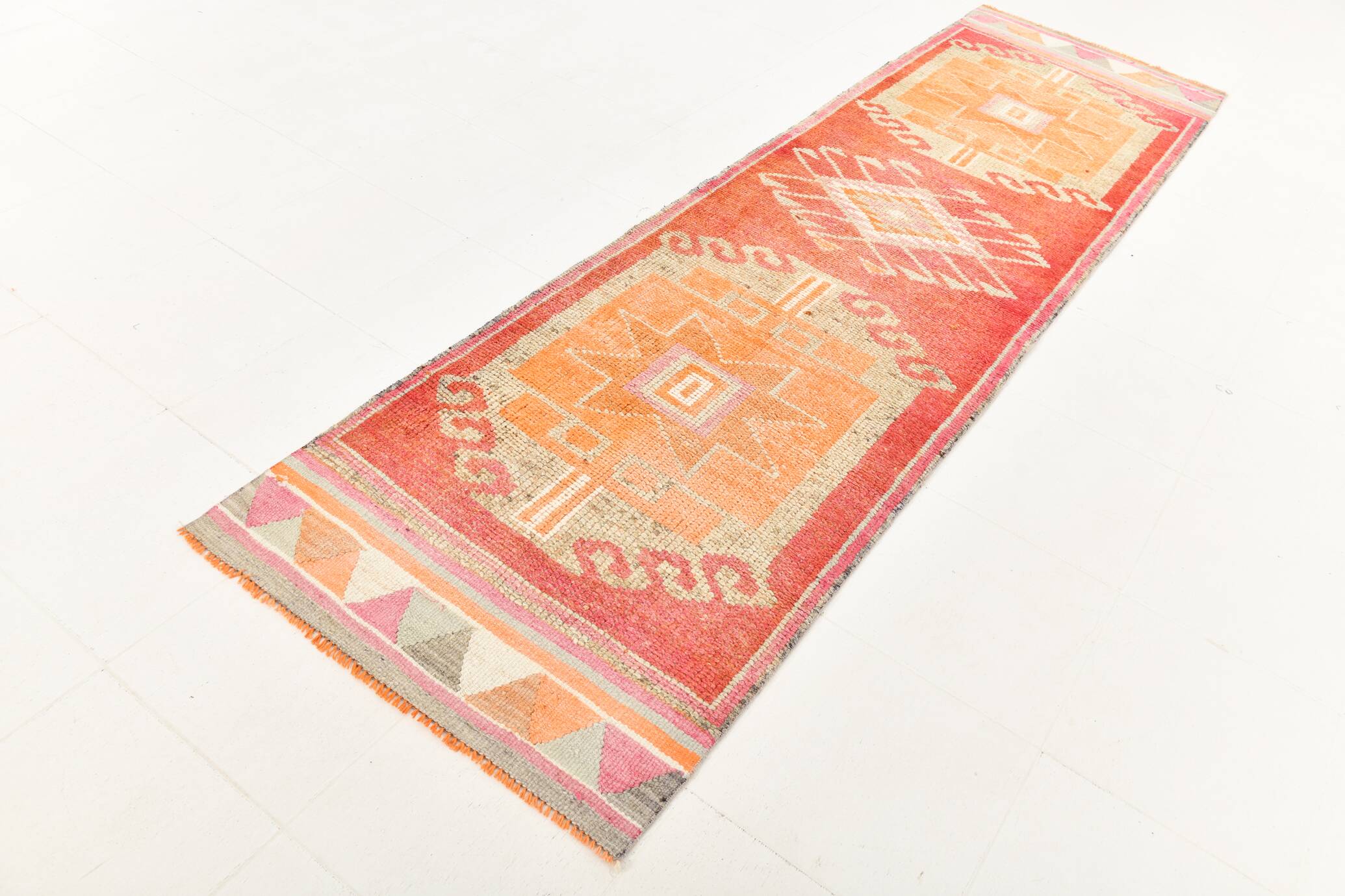 3x11 Tile Red Turkish Runner, Handmade Wool Runner Rug, 96x337Cm