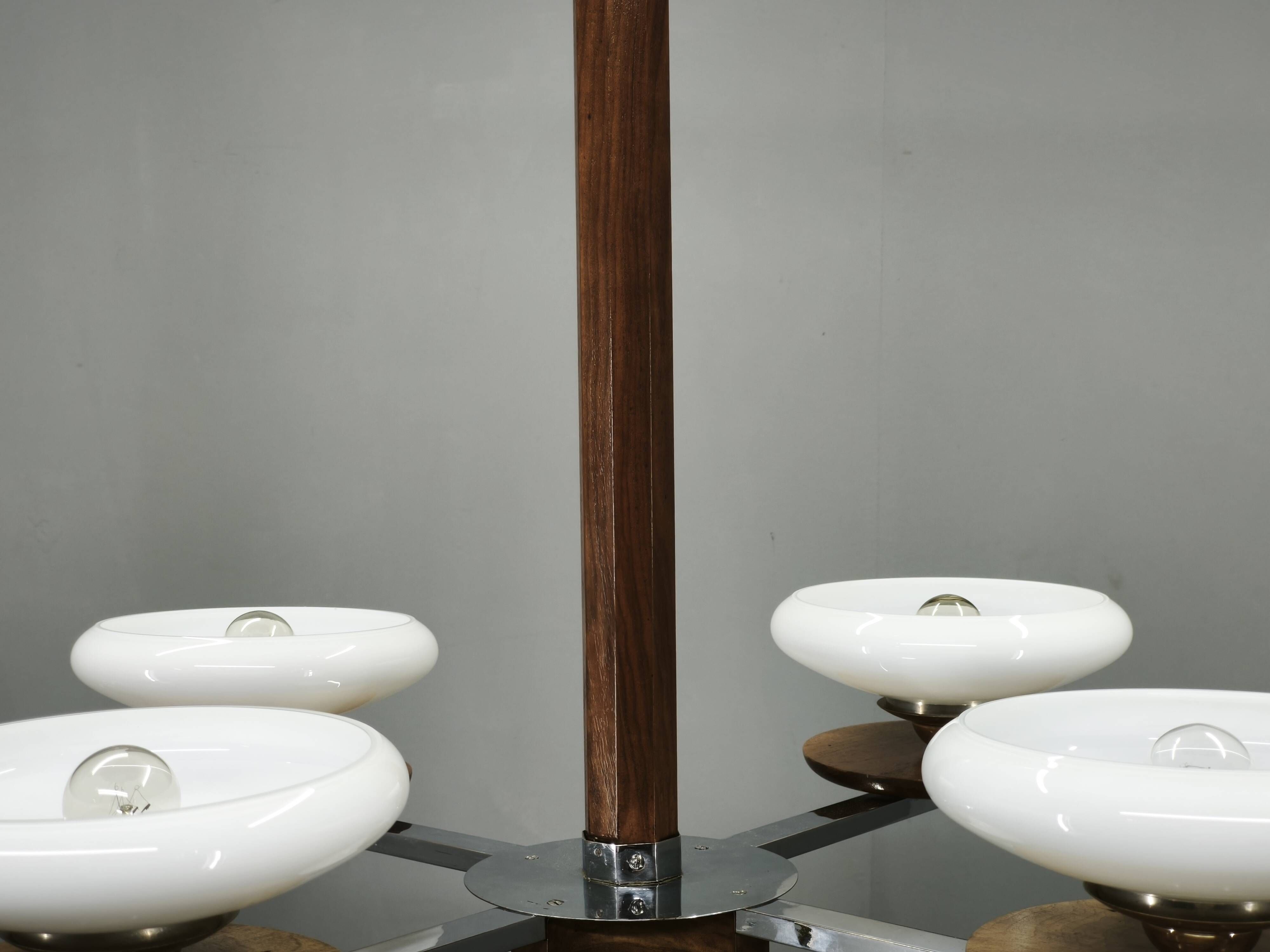 Czech Art Deco Walnut, Chrome and Opaline Glass Chandelier, 1930s