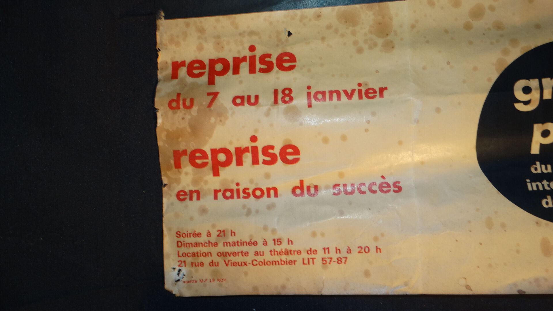 Rare poster theatre of old colombier Paris 1967