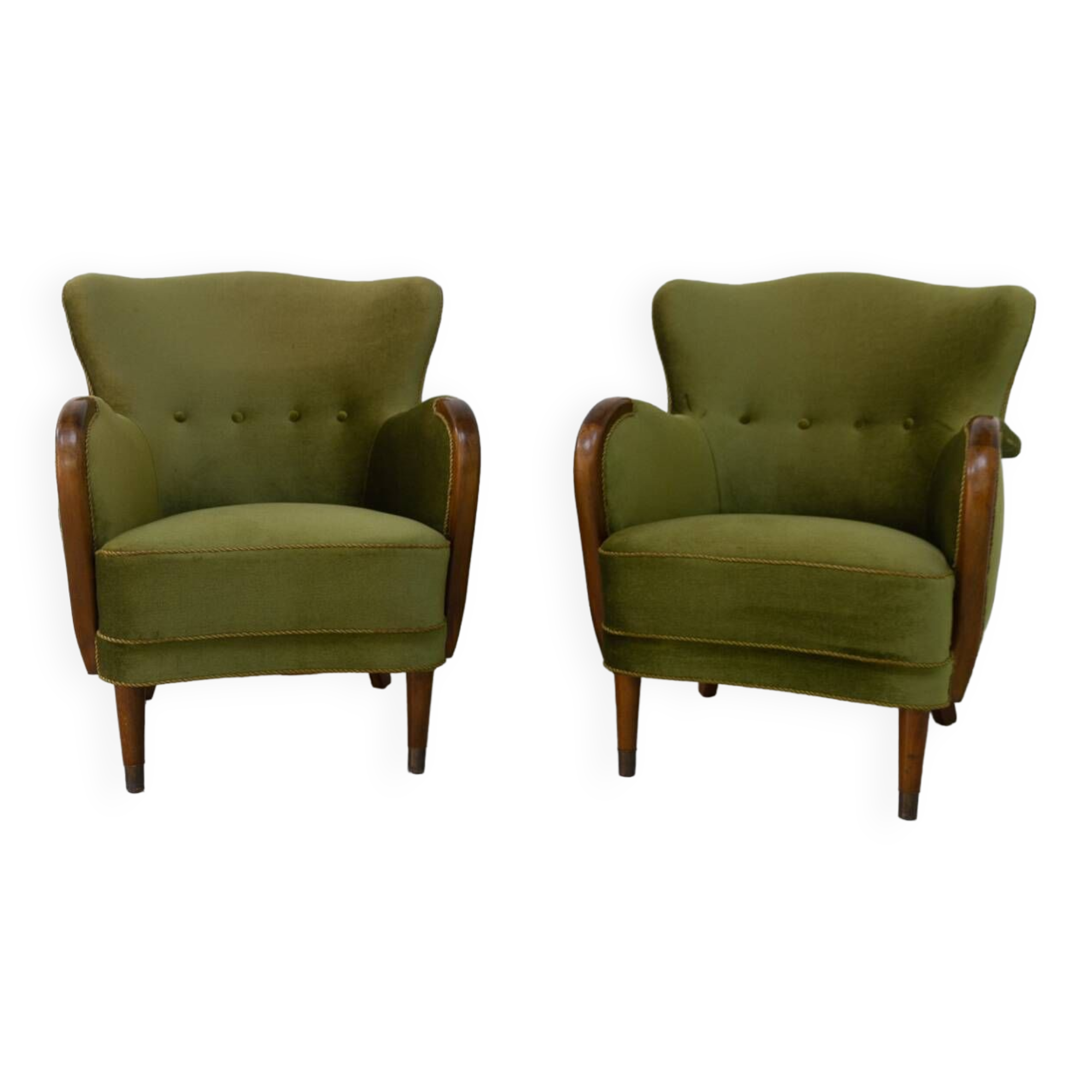 Danish art deco green velvet lounge chairs, 1940s. set of 2