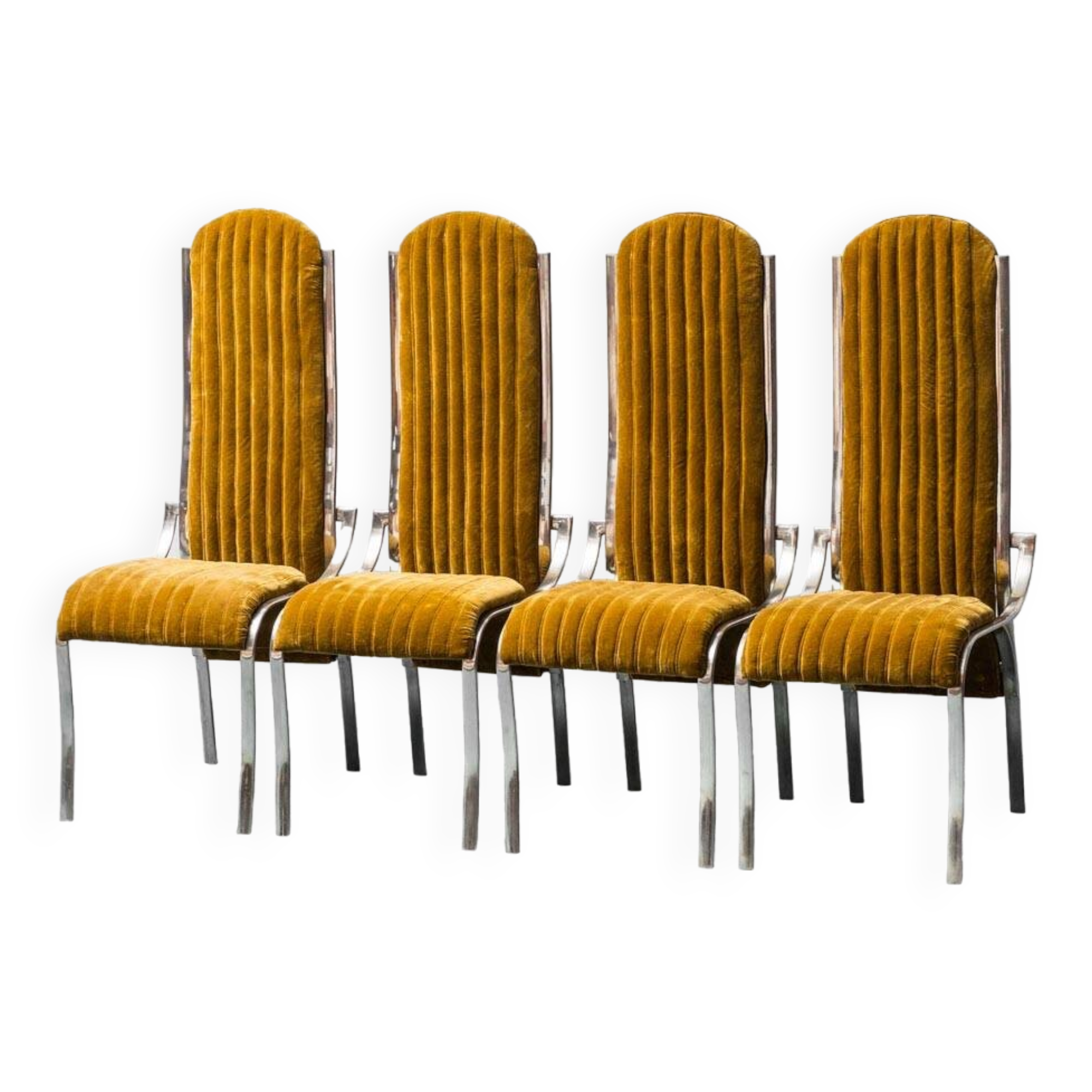 Ensemble de 4 chaises en métal velours jaune 1970 vintage modernisme