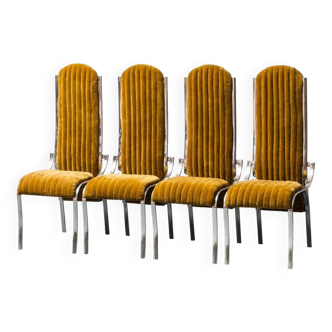 Ensemble de 4 chaises en métal velours jaune 1970 vintage modernisme