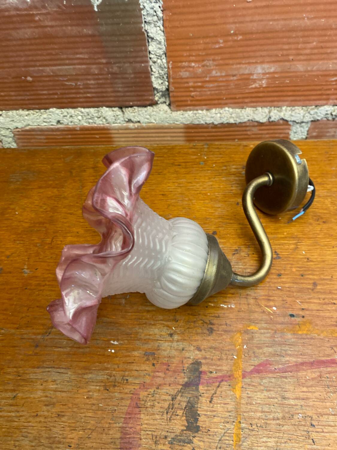 Antique Swan Neck Wall Lamp Gold Metal + Vintage Pink Glass Tulip