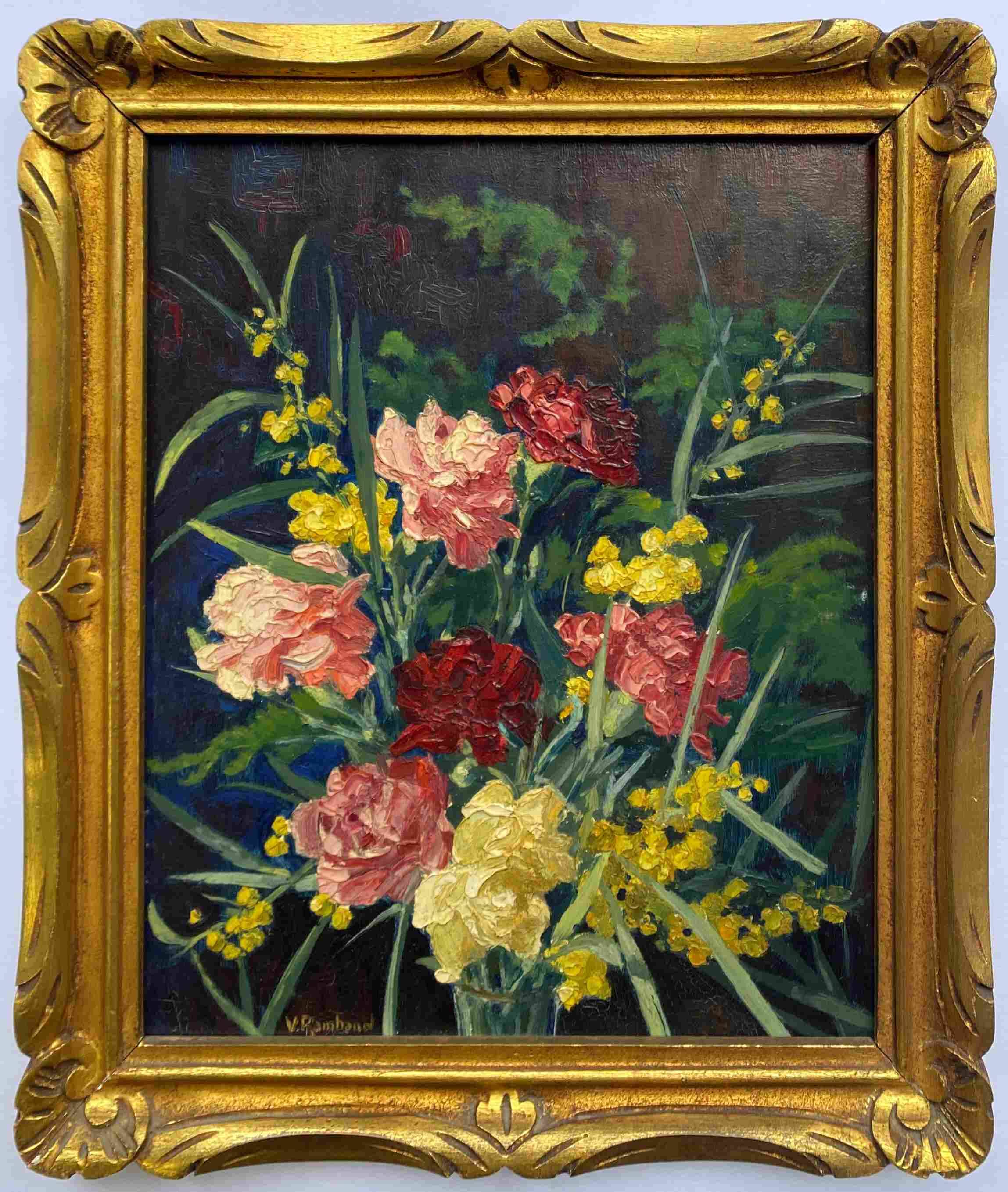 HSP painting "Bouquet of carnations and mimosas" 1934 by Victor RAMBAUD (1902-1996)