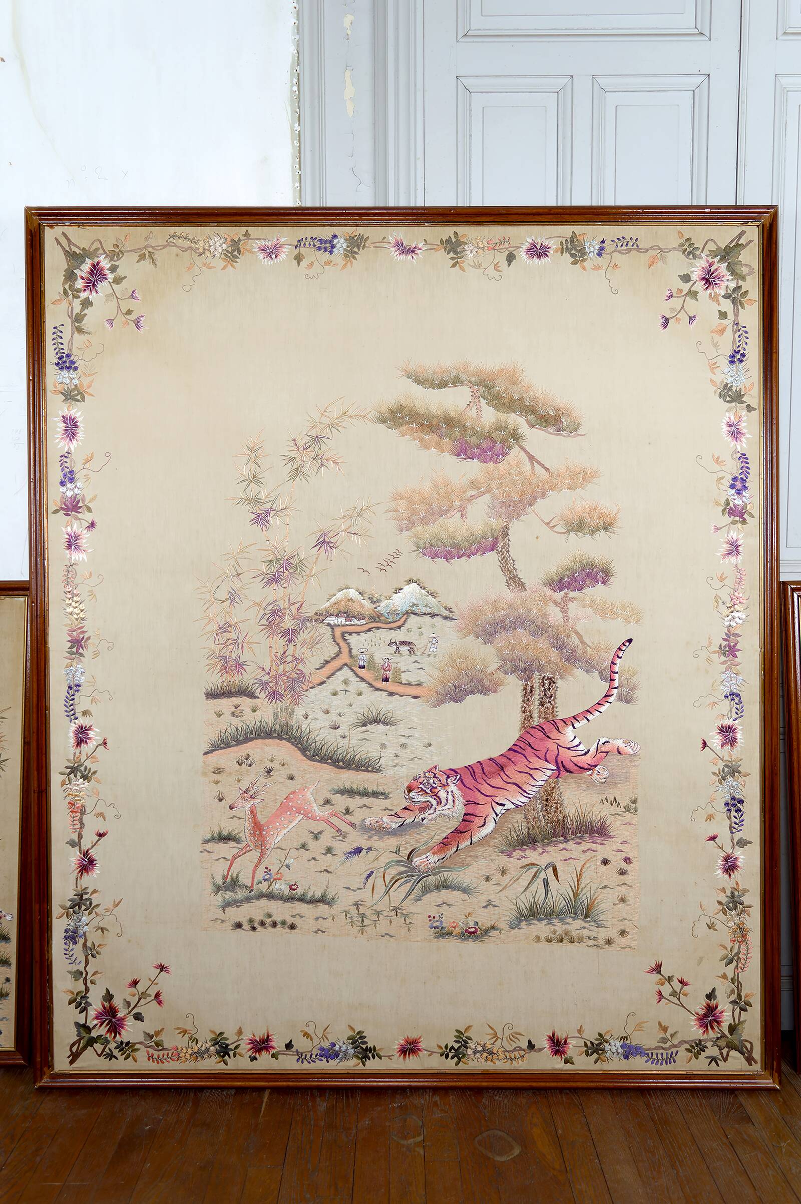 Important Set of Three Indochinese Silk Embroidered Tapestries