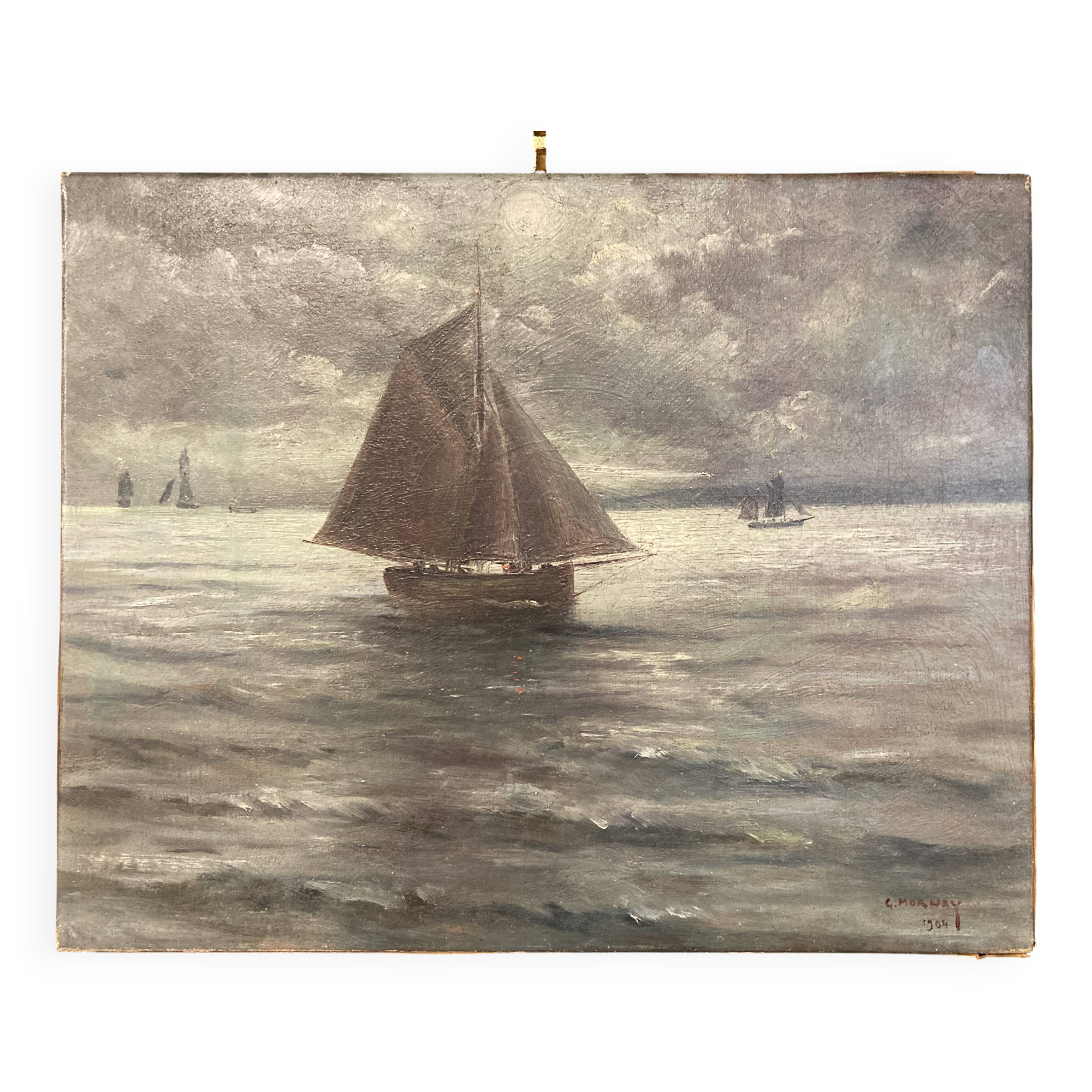 Huile sur toile, Le Vieux Gréement, Marine signée et datée