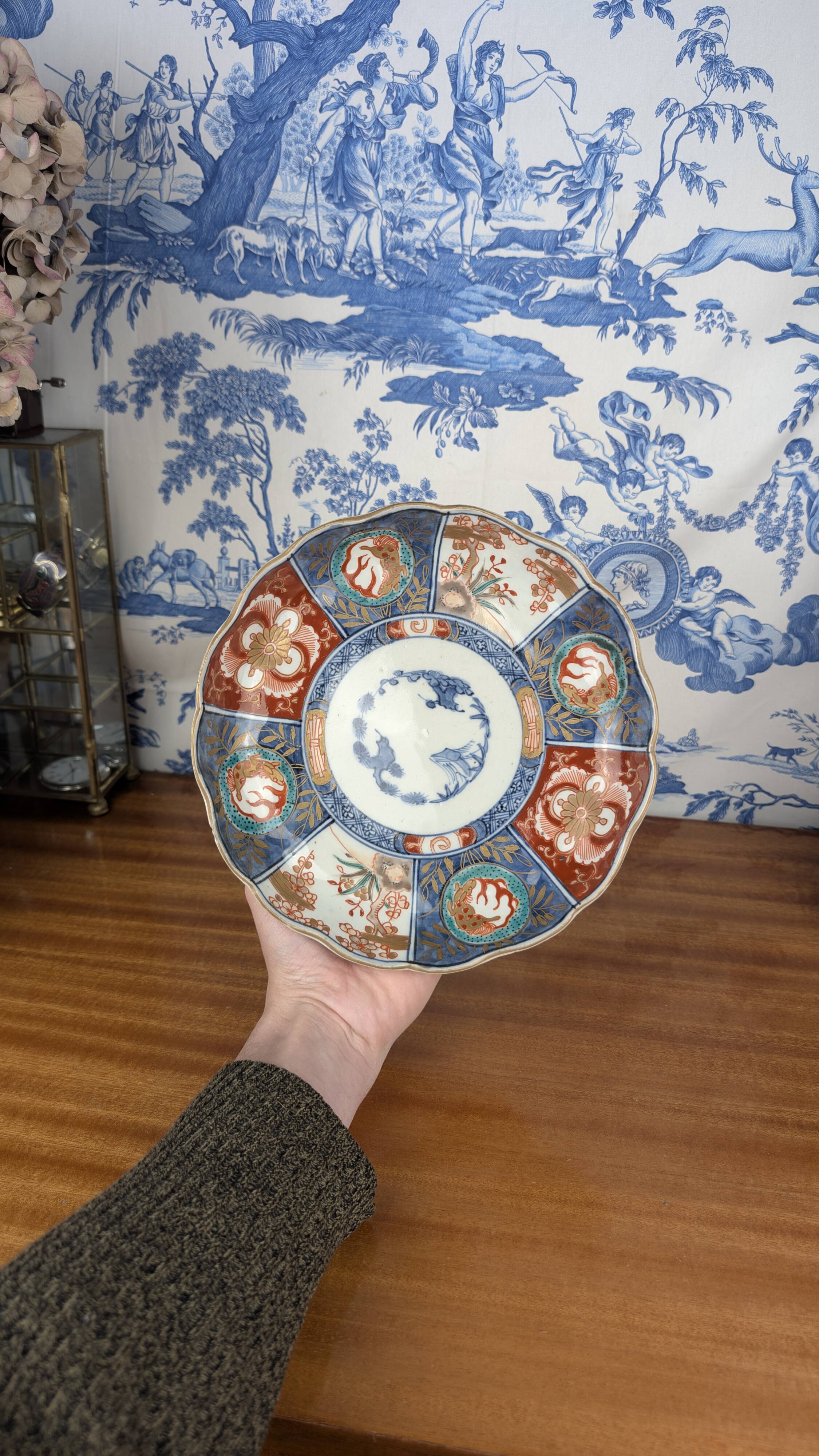 Signed Imari porcelain plate with Japanese lake and deer decoration, 19th century