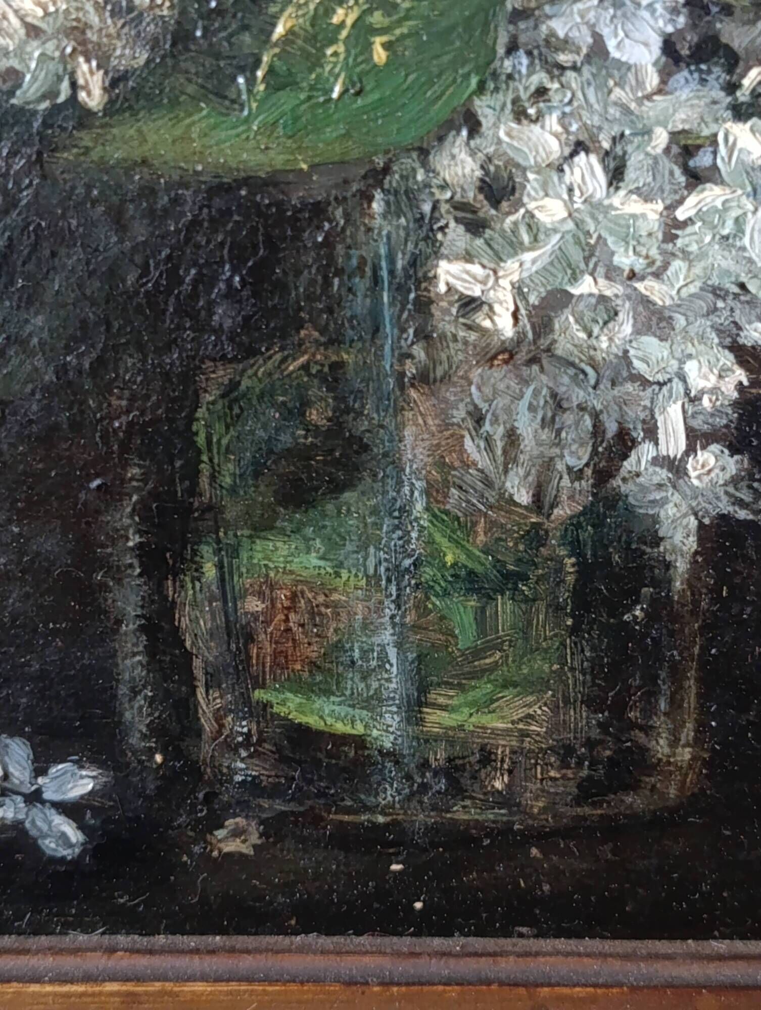 Vintage French oil painting on board, bouquet of lilacs