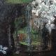Vintage French oil painting on board, bouquet of lilacs