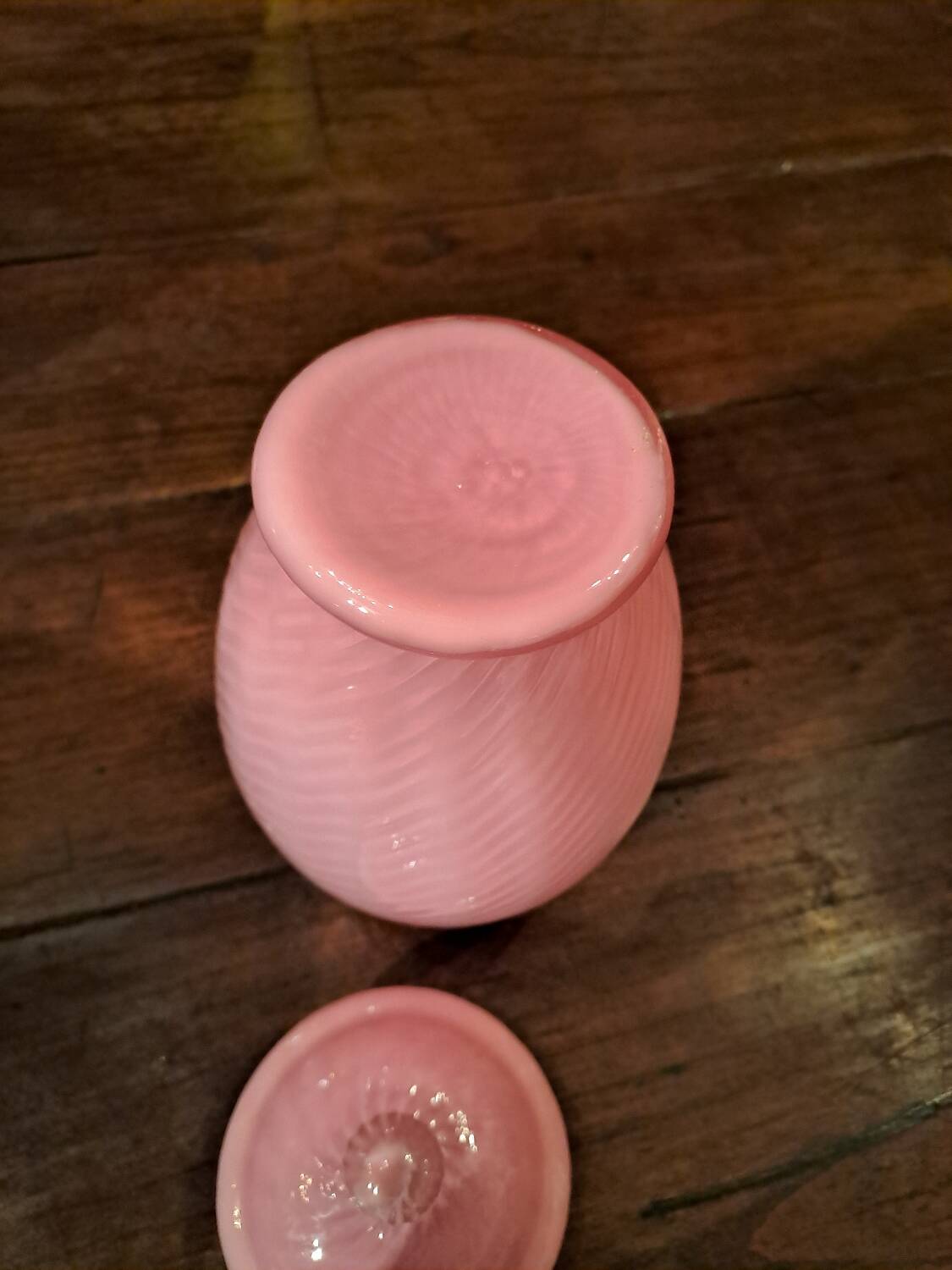 Opalescent pink glass cotton pot