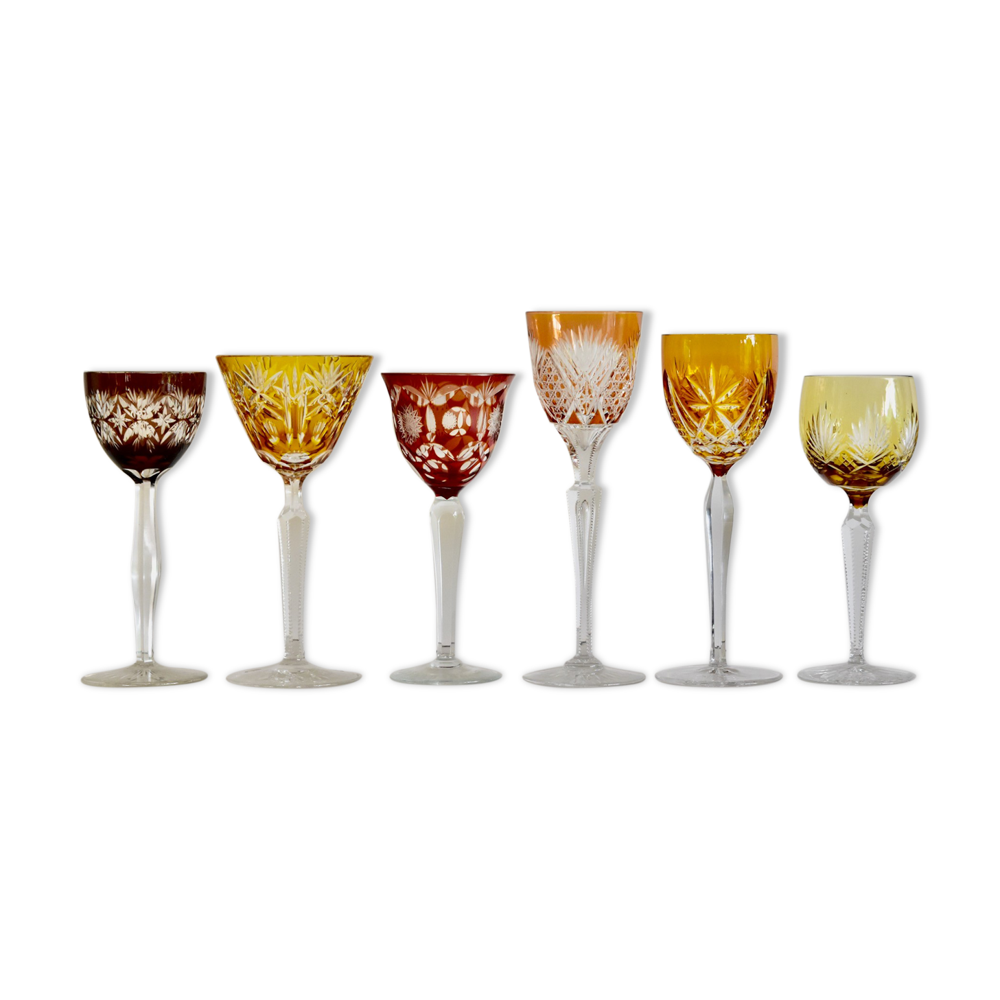 Set of 6 Bohemian Multicolored Antique Crystal Wine Glasses