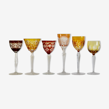 Ensemble de 6 verres à vin en cristal antique multicolore bohémien