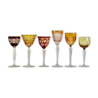 Set of 6 Bohemian Multicolored Antique Crystal Wine Glasses
