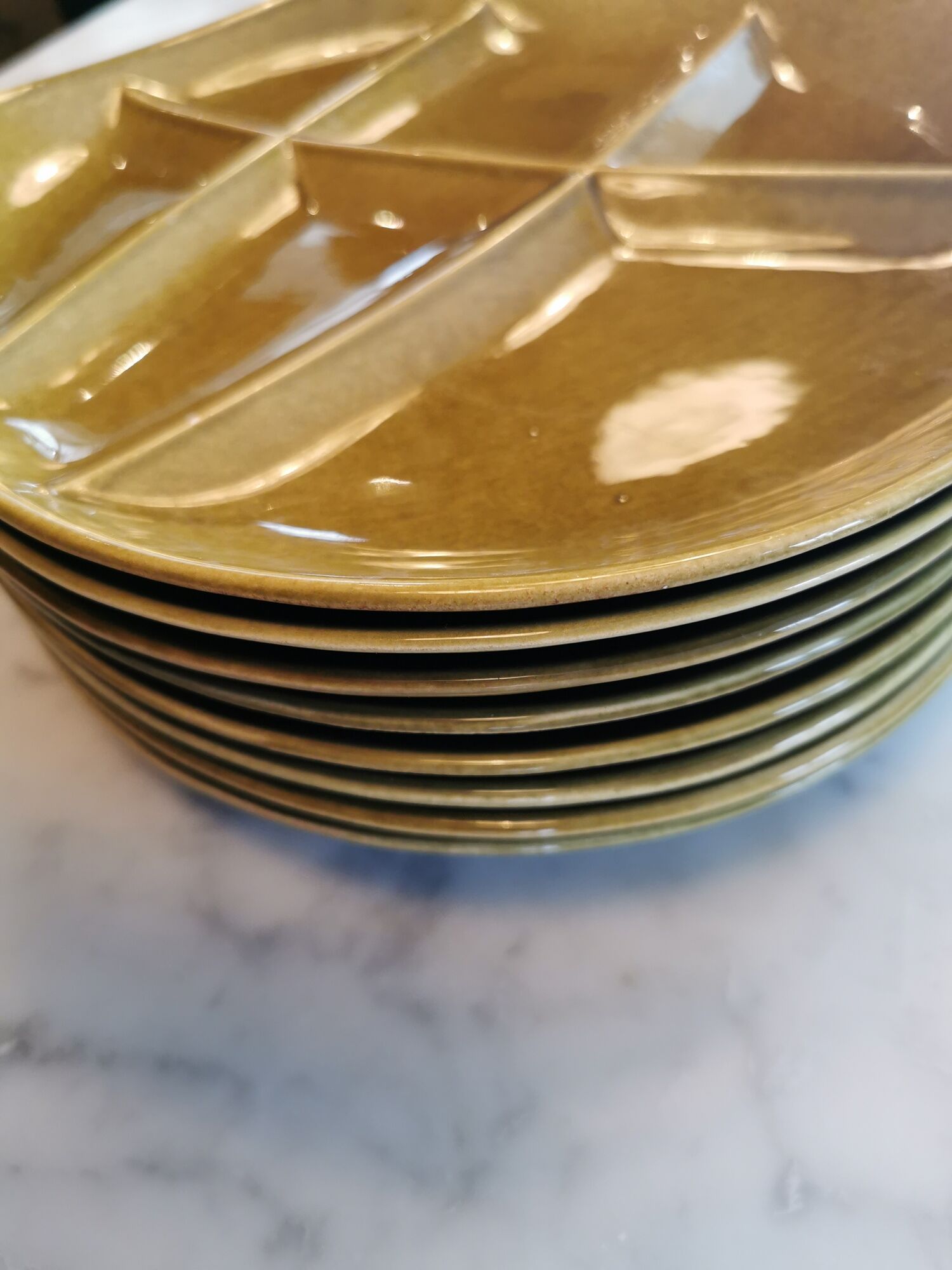 Lot of 8 vintage green compartmentalized plates marked "Salins France"