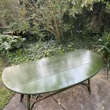 Large vintage oval drop leaf table in green lacquered bamboo rattan 158/106