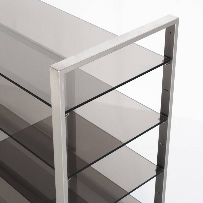 Vintage TV or HiFi cabinet. Brushed stainless steel and smoked glass. France, 1970s