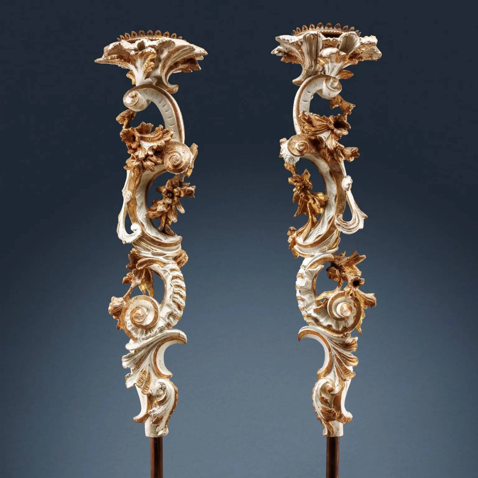 Pair of antique baroque wooden candlesticks, Italy, circa 1750.