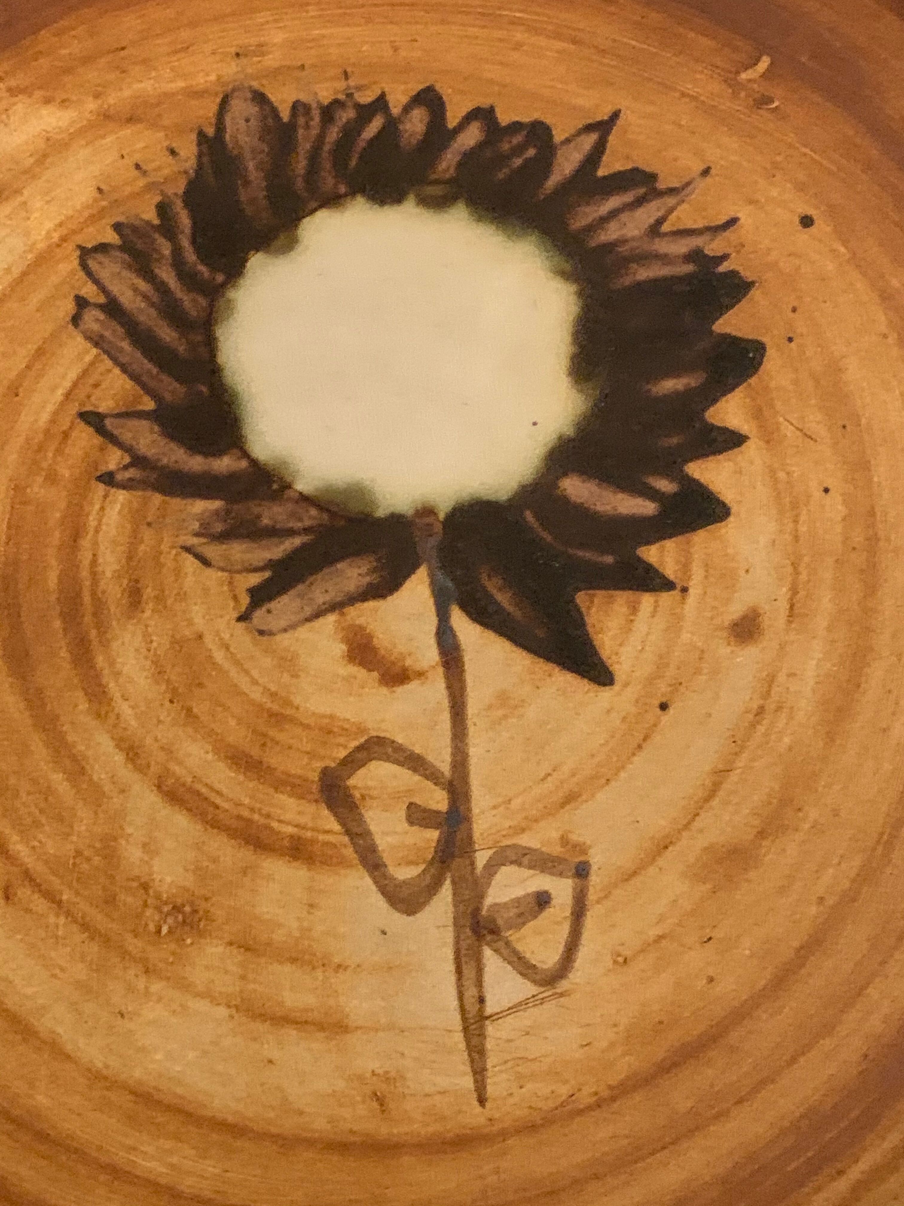 5 plates flat sunflower, Poterie de la Colombe, Vallauris style, 1970