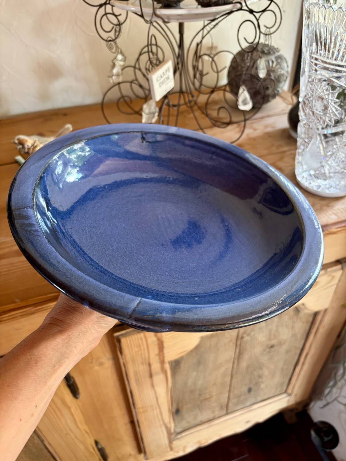 Vintage blue fruit bowl 1980s enamelled stoneware