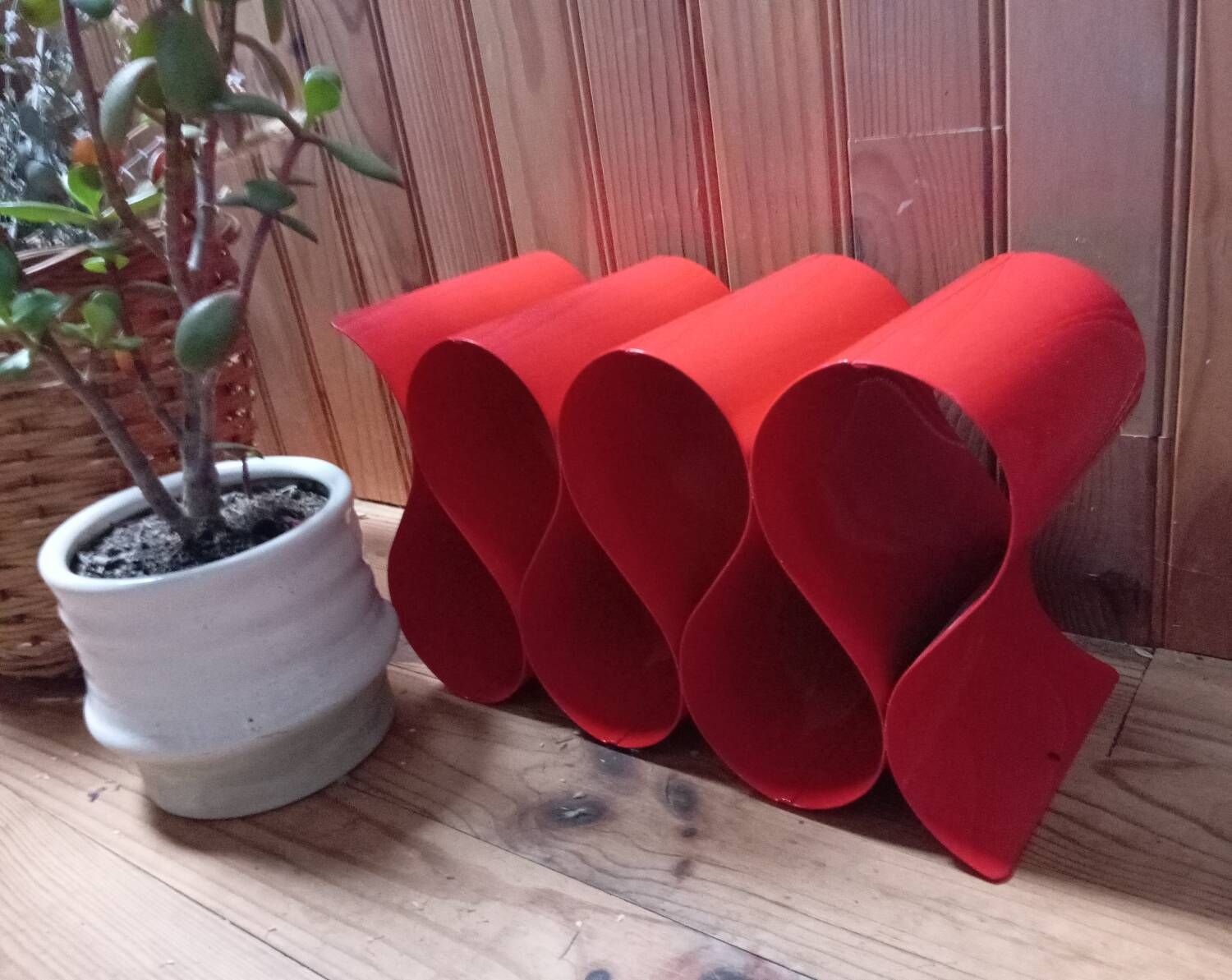 Red painted metal bottle holder, vintage 1980