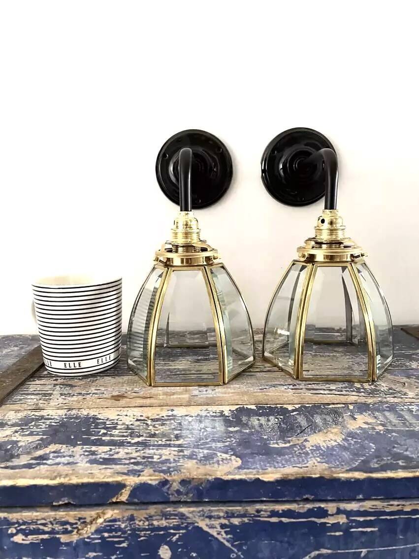 Pair of brass and glass wall lights