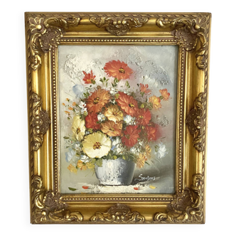 Peinture bouquet , huile sur châssis encadrée Sanders