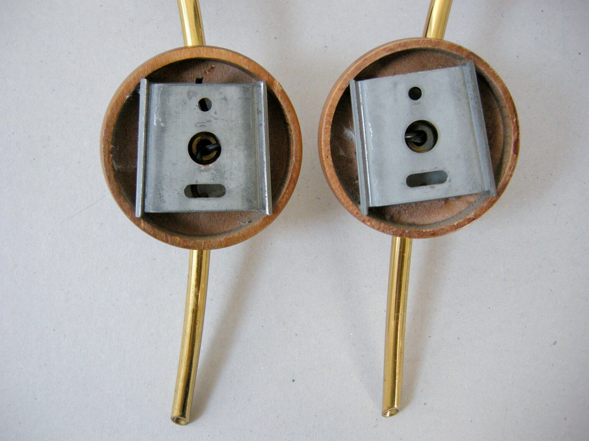 Pair of vintage wall lamps 1960 brass wood & glass