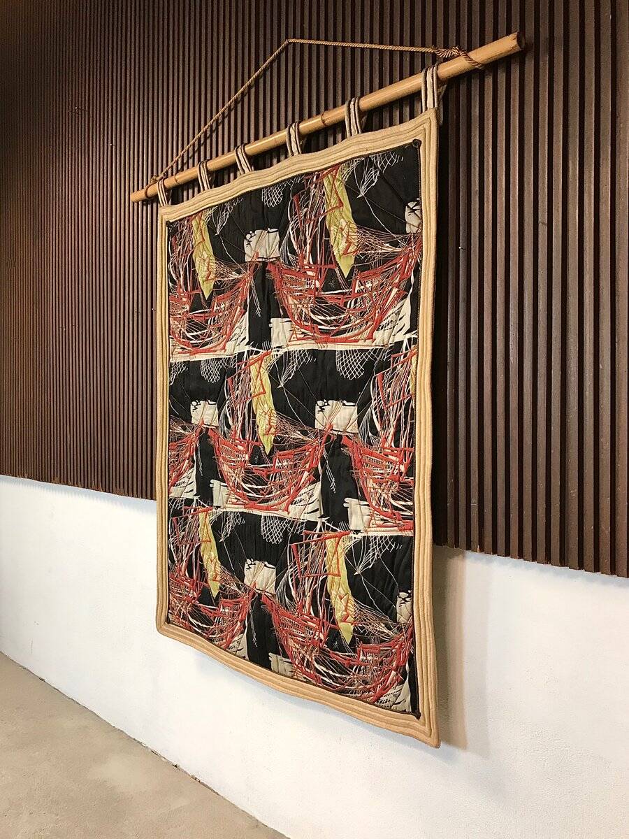 Tapestry wall hanging with sailing boats motif on bamboo rod, Italy 1940s