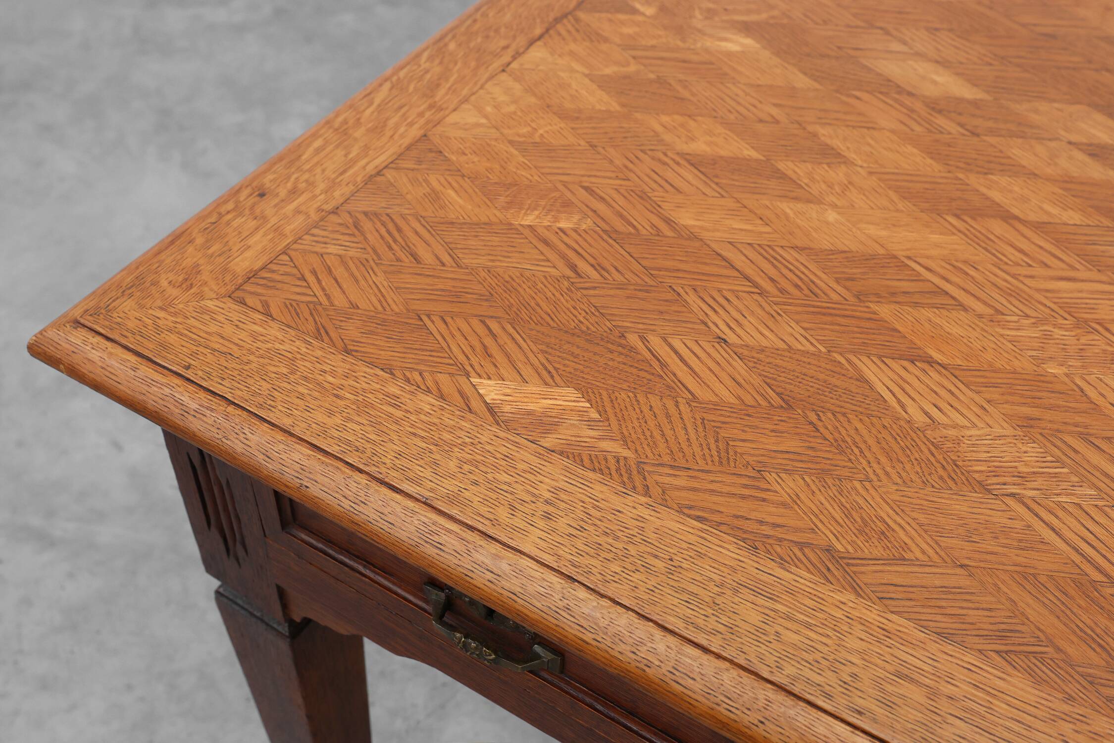 Art Deco carved oak Desk or Table with copper details, Belgium 1920s