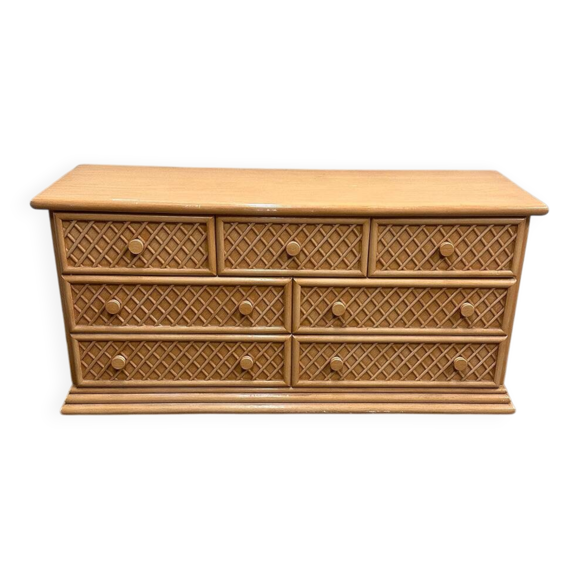 Oak & faux rattan-front dresser - Chest of drawers by Maugrion for Roche Bobois